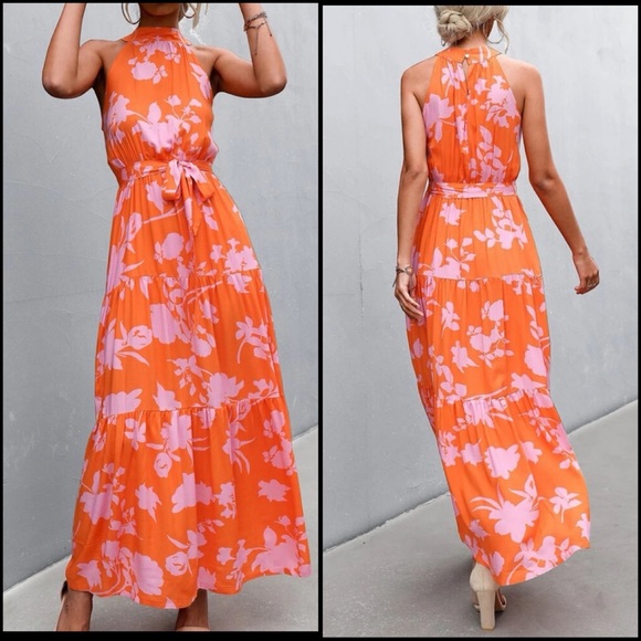 🌸Floral halter maxi dress in orange/pink tie waist tunic ruffle - Picture 2 of 6